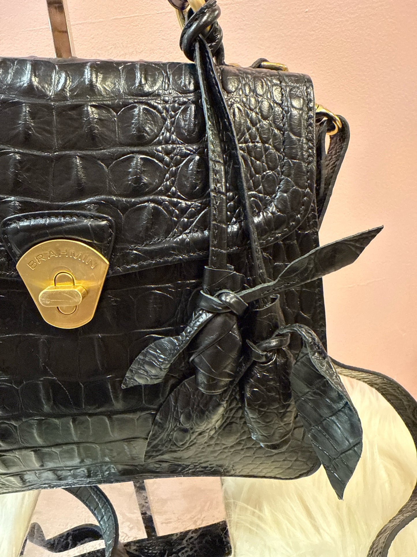 Brahmin Black Croc Embossed Vittoria Top Handle Shoulder Bag