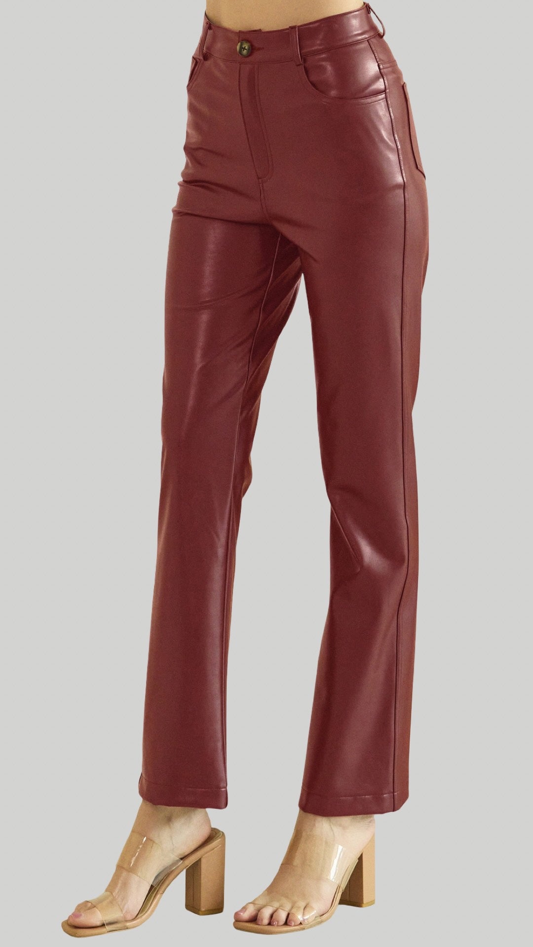 So Edgy Faux Leather Straight-Leg High-Rise Pants in Burgundy Black Chocolate