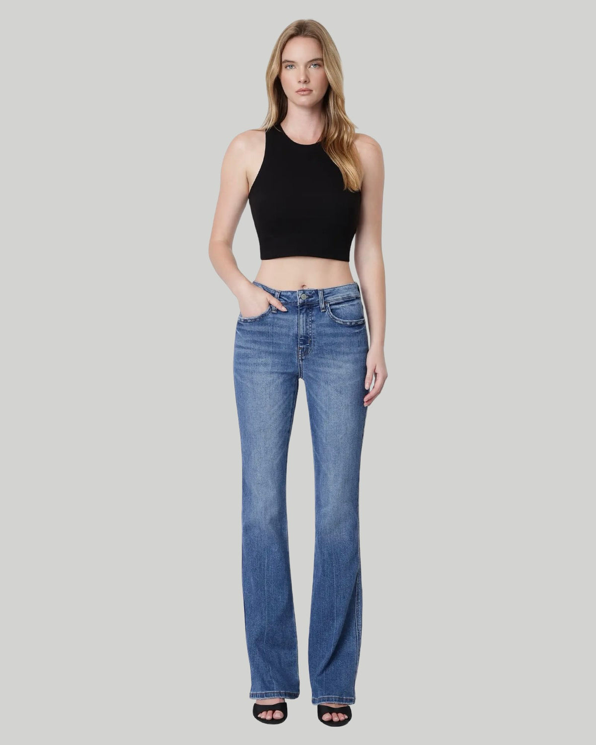 High Rise Medium Dark Wash Full Length Bootcut Jeans ERR-FREE