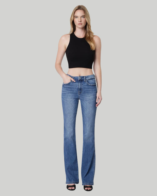 High Rise Medium Dark Wash Full Length Bootcut Jeans ERR-FREE