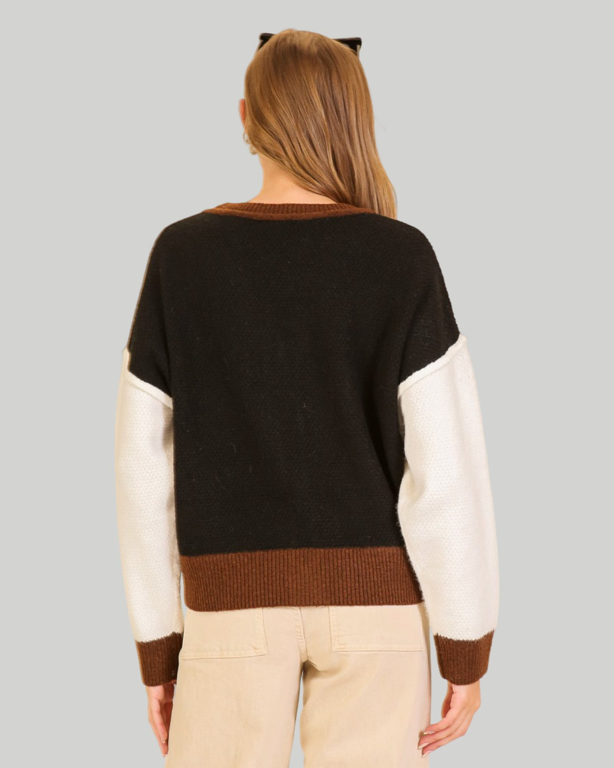 Color Block Knit Cardigan Black Mocha Ivory