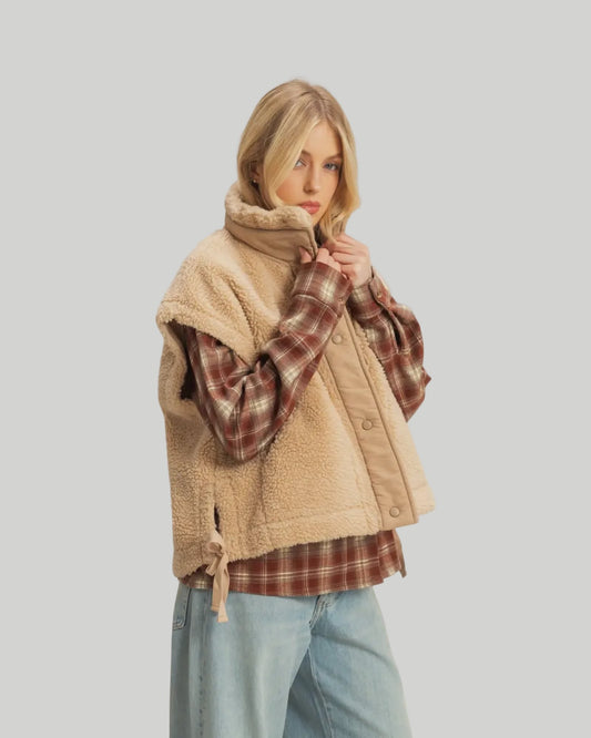 Cozy Sherpa Vest with tie-up side details  Available in Tan and Black