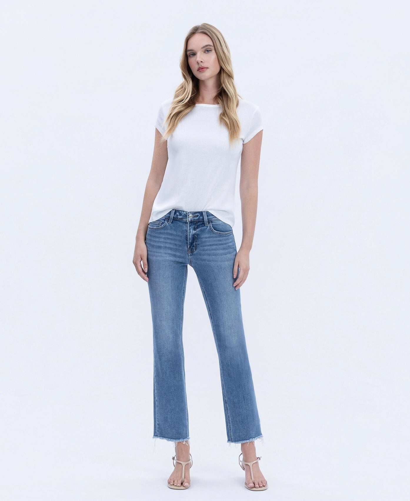 Melissa  Mid Rise Medium Wash Raw Hem Crop Straight Jeans