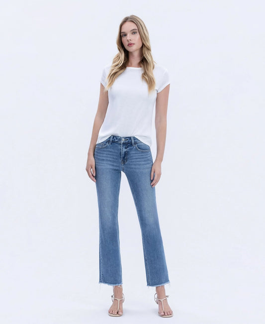Melissa  Mid Rise Medium Wash Raw Hem Crop Straight Jeans