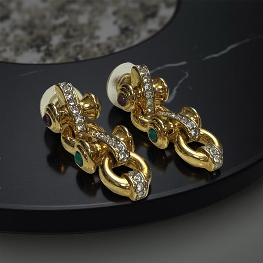 SWAROVSKI BARBELL GOLD PLATED LINK  CLEAR COLORED CRYSTAL EARRINGS