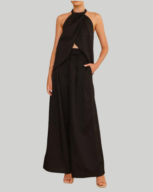 Halter Wrap Top & Wide-Leg Drawstring Pant Set