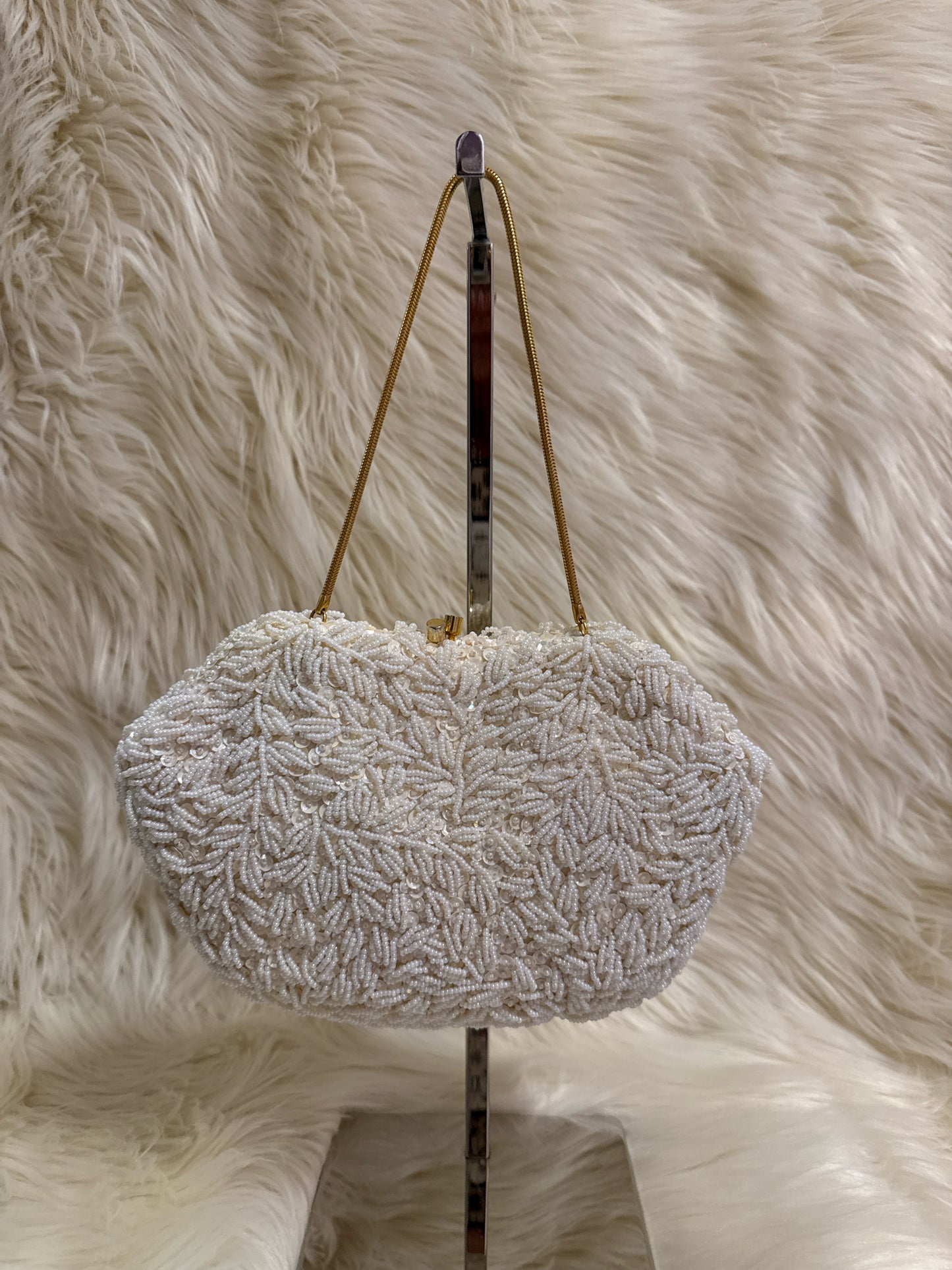 LA REGALE IVORY BEAD EVENING BAG WITH BOX