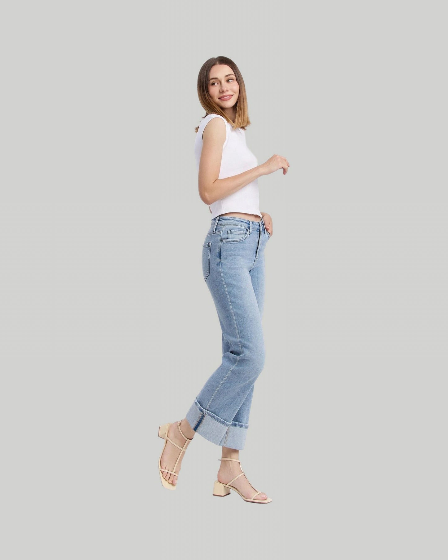 High rise cuffed slim wide jeans elan