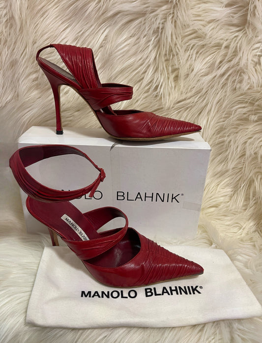 MANOLO BLAHNIK RED CAGE STRAP  HEELS W BOX