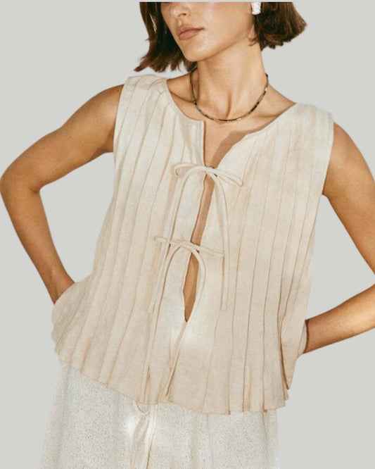VERTICAL PLEATED SLEEVELESS FRONT-TIE TOP available in beige & black