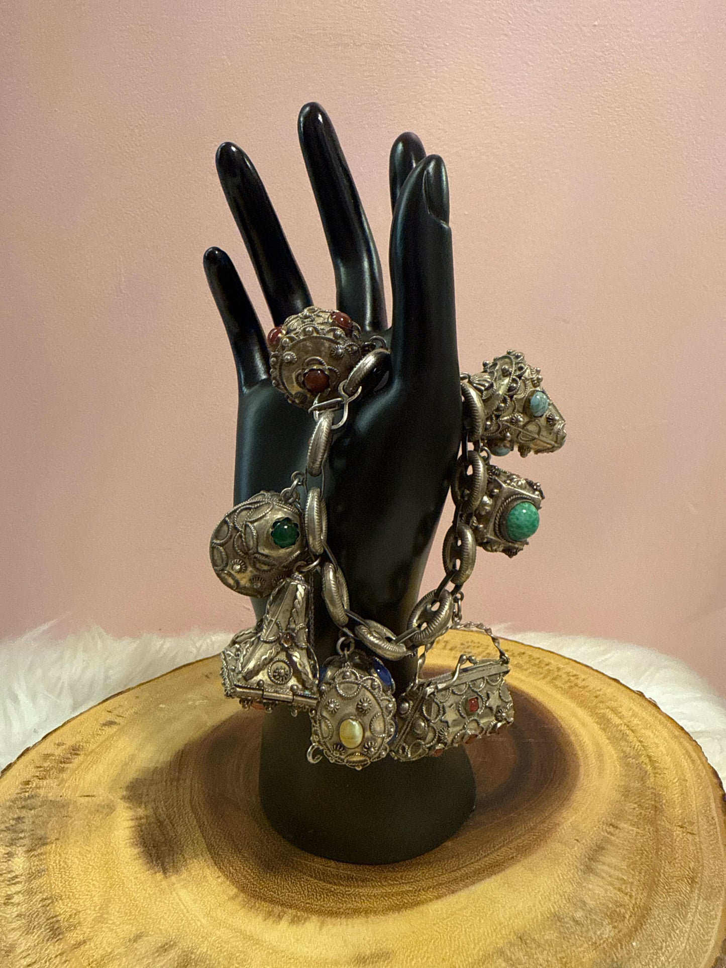 Vintage Etruscan Revival Charm Bracelet 800 Silver Natural Stones