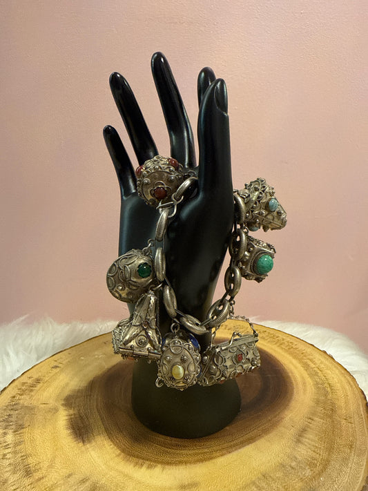 Vintage Etruscan Revival Charm Bracelet 800 Silver Natural Stones