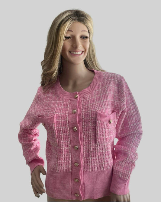 PINK AND WHITE BUTTON FRONT SWEATER