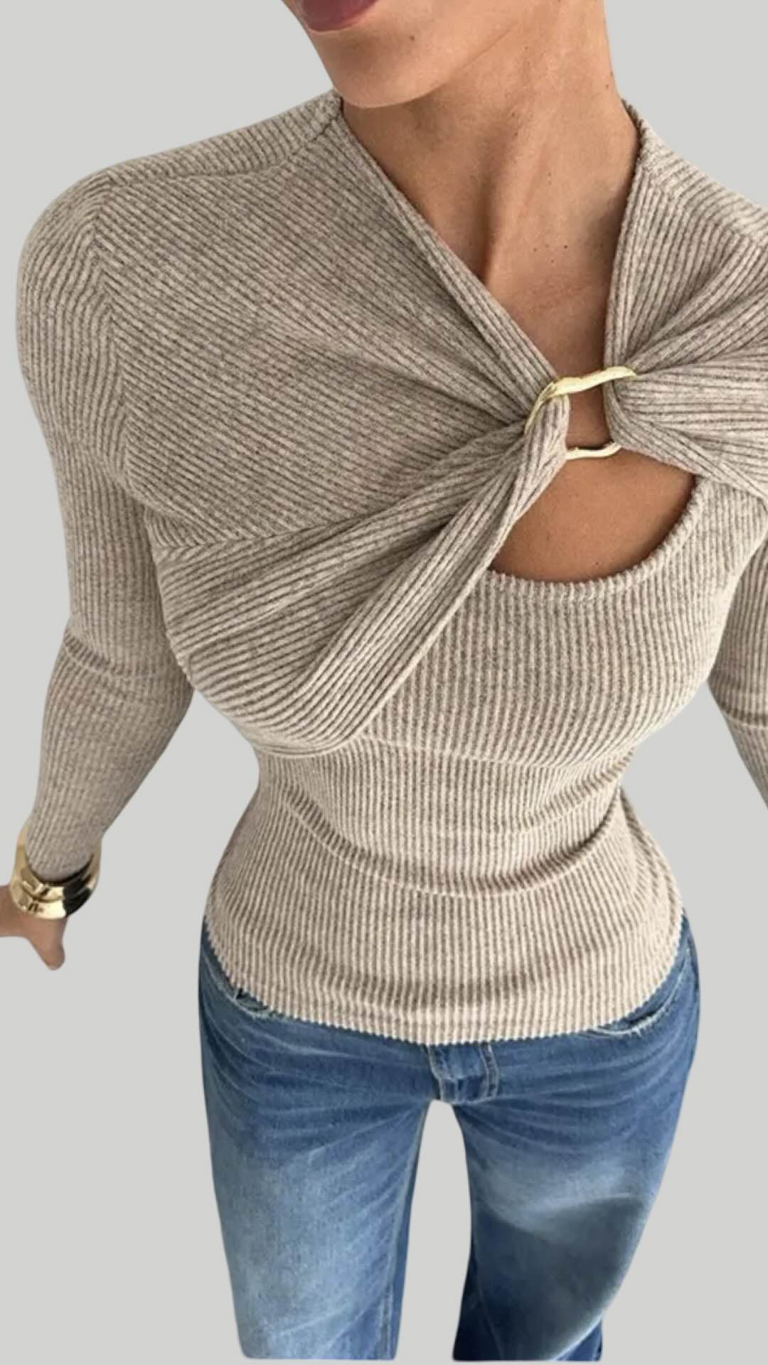 Ribbed Knit Metal Buckle Ruched Slim Fit Long Sleeve Top Burgundy and Khaki