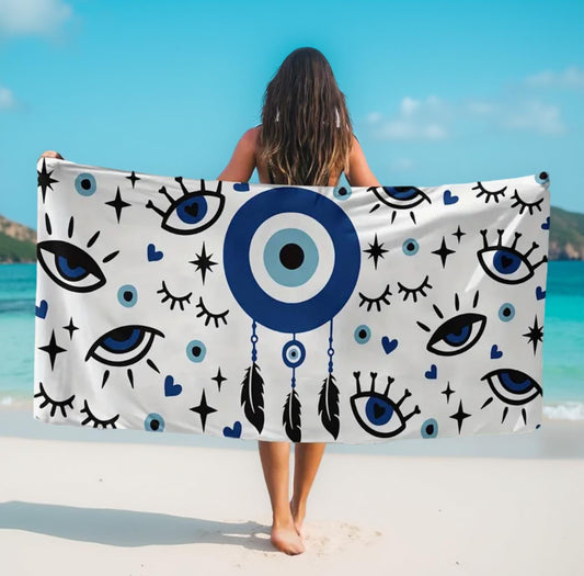 EVIL EYE WHITE BLUE MICROFIBER BEACH TOWEL