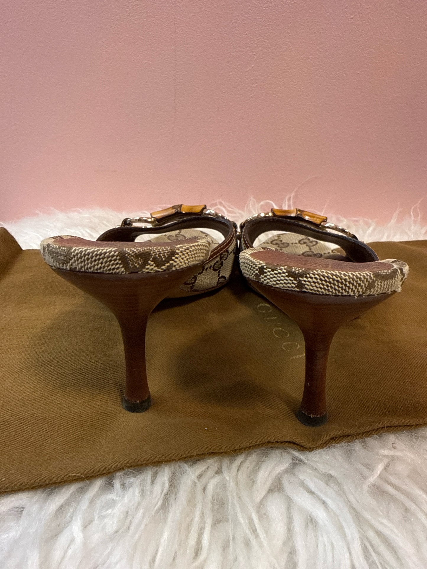 Gucci Monogram Bamboo Horsebit Slide Sandal Heels