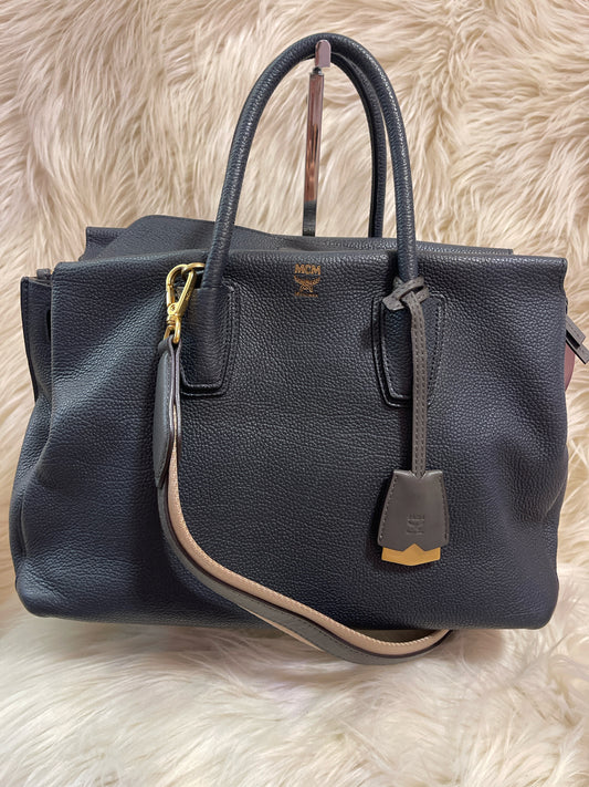 MCM BLUE PEBBLE LEATHER MILLA TOTE BAG WITH LONG STRAP
