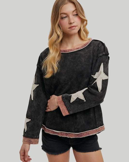 STAR SLEEVED CONTRAST OVERSIZED WASHED KNIT PULLOVER