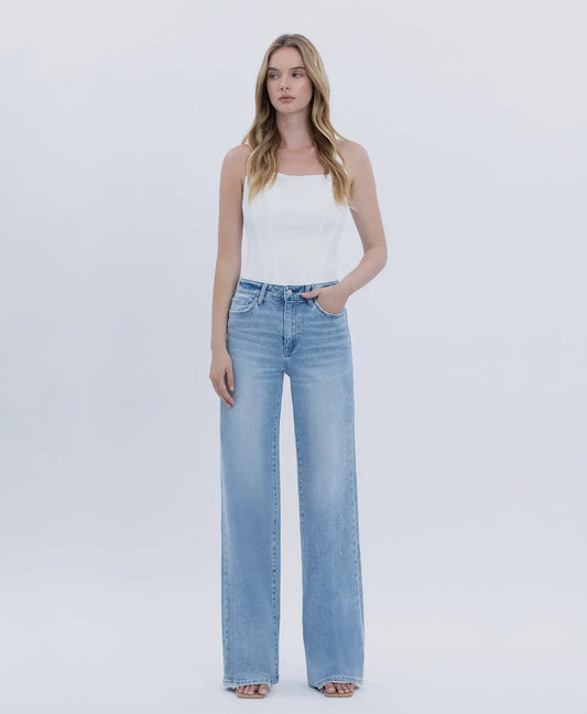 High rise full length wide jeans advantageous
