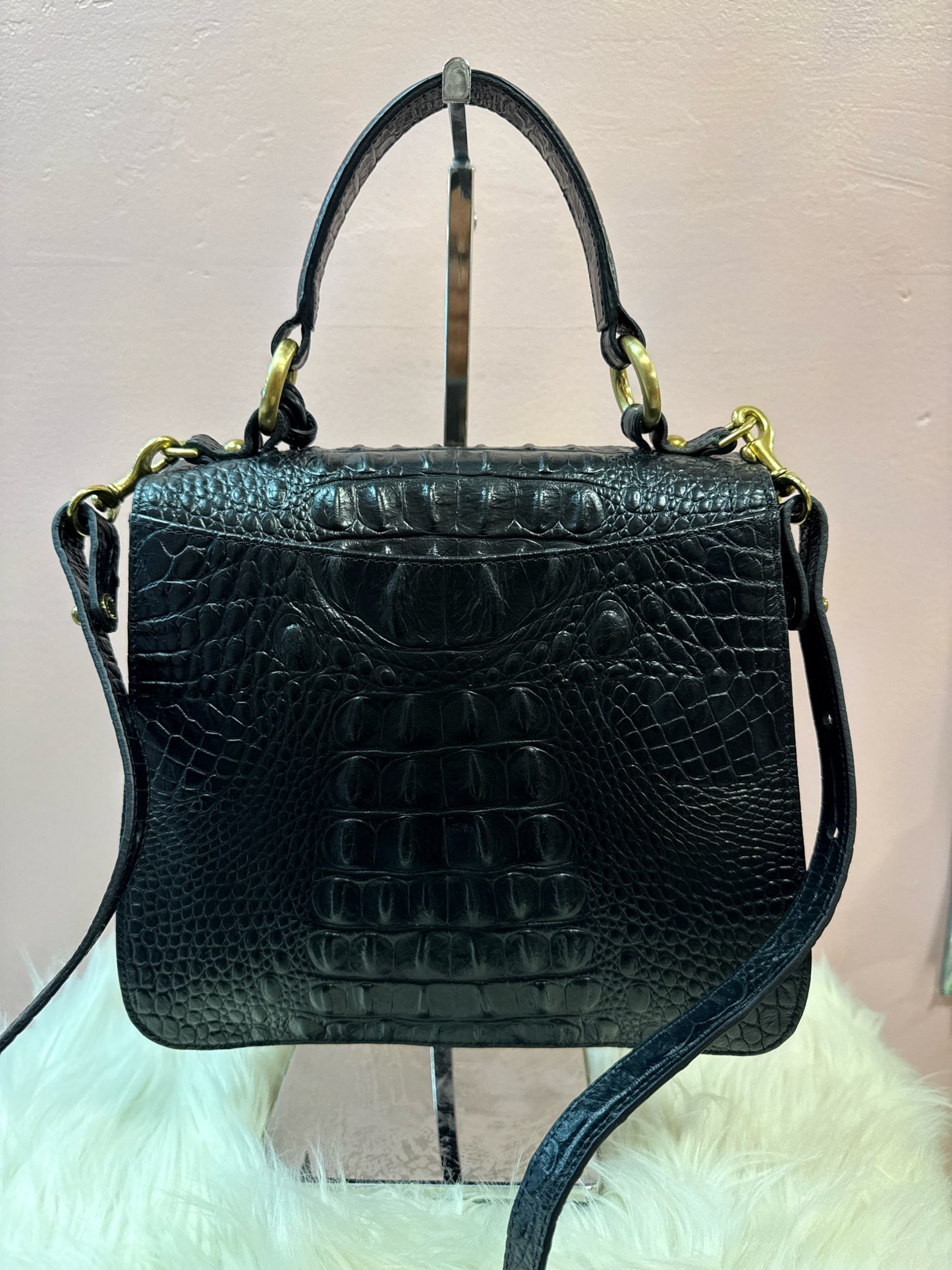 Brahmin Black Croc Embossed Vittoria Top Handle Shoulder Bag