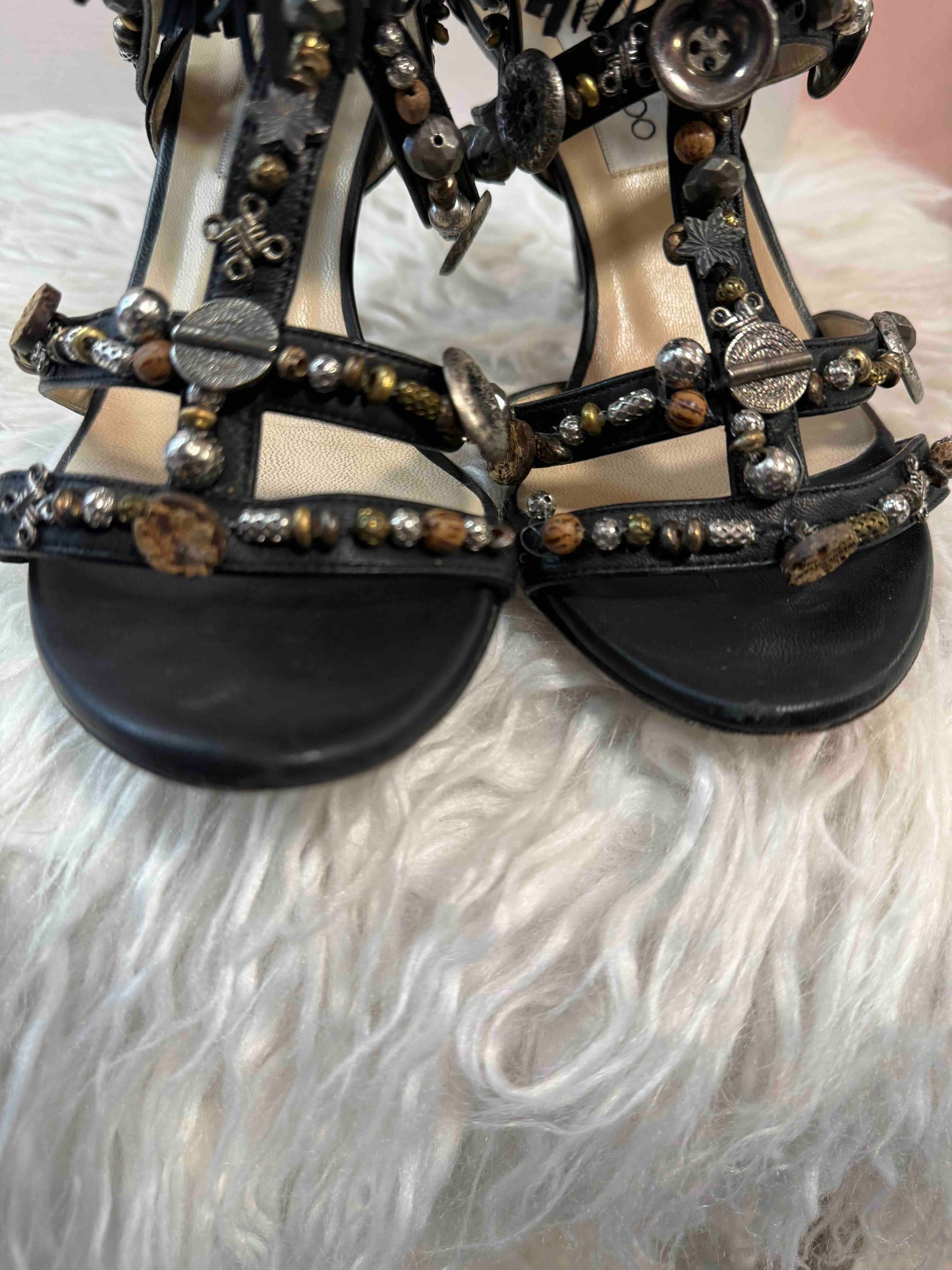 Jimmy Choo Cora Cage Fringe Beaded/Button Detail High Heel Sandals