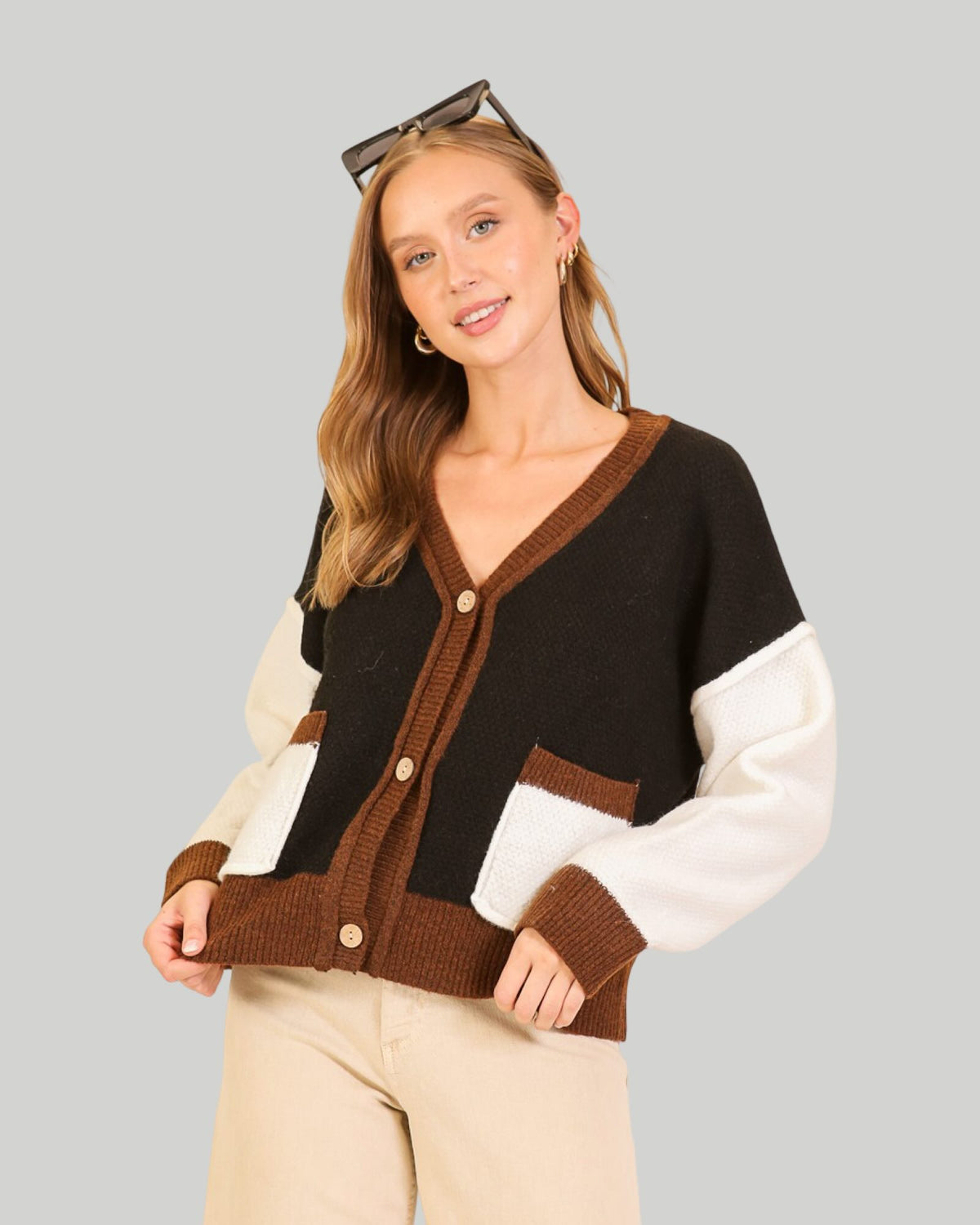 Color Block Knit Cardigan Black Mocha Ivory