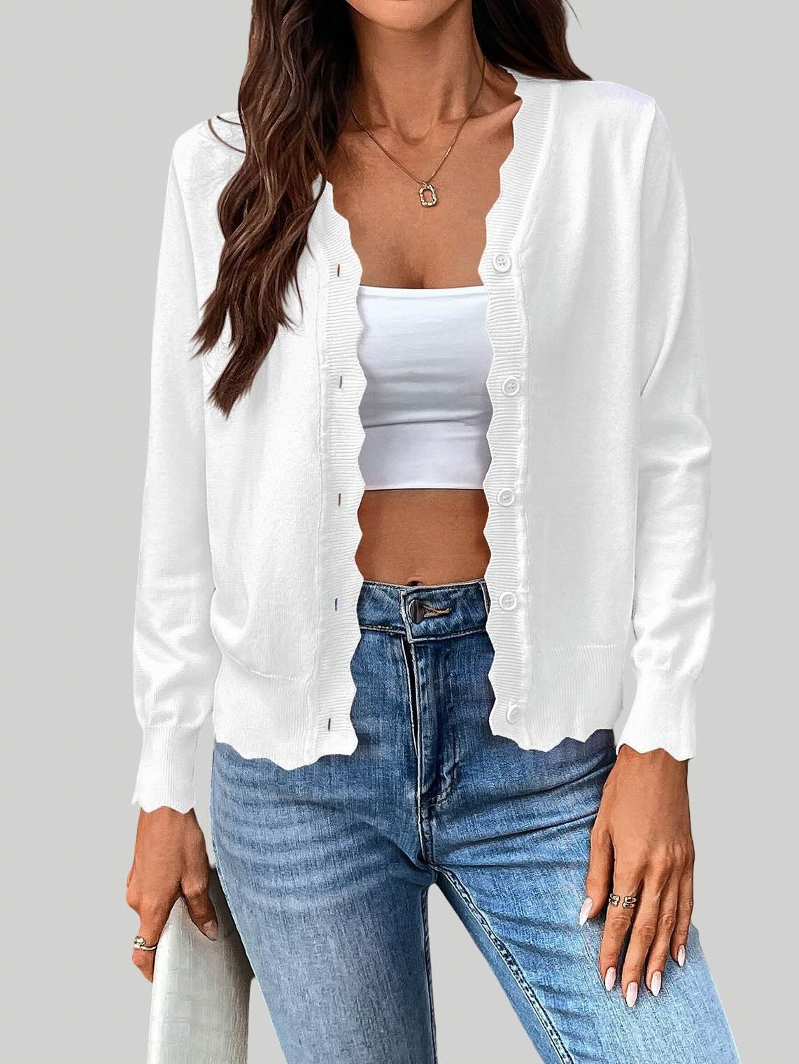 Solid Color V-Neck Lettuce Edge Knit Cardigan