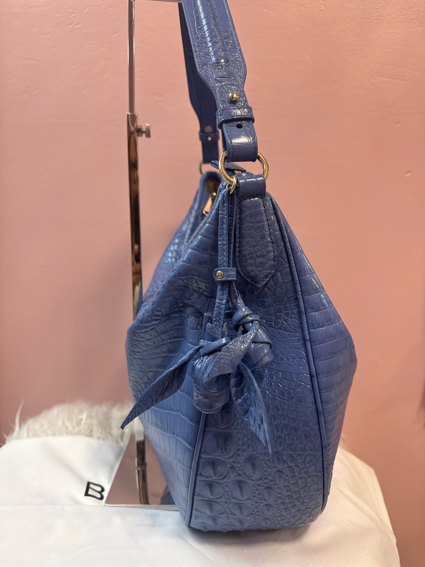 Brahmin Kathleen Rose Blue Croc Embossed Shoulder Bag