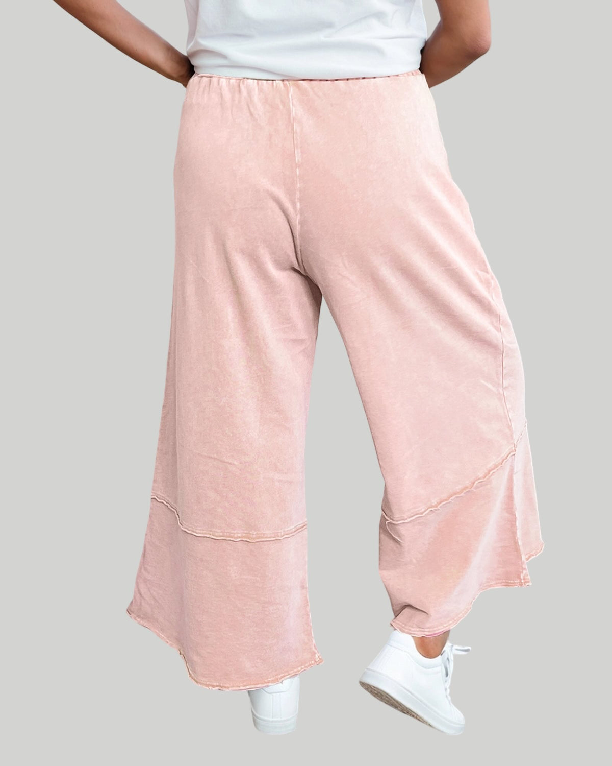 Pink Floral Patch Mineral Wash Terry Knit Cropped Wide Leg Pants