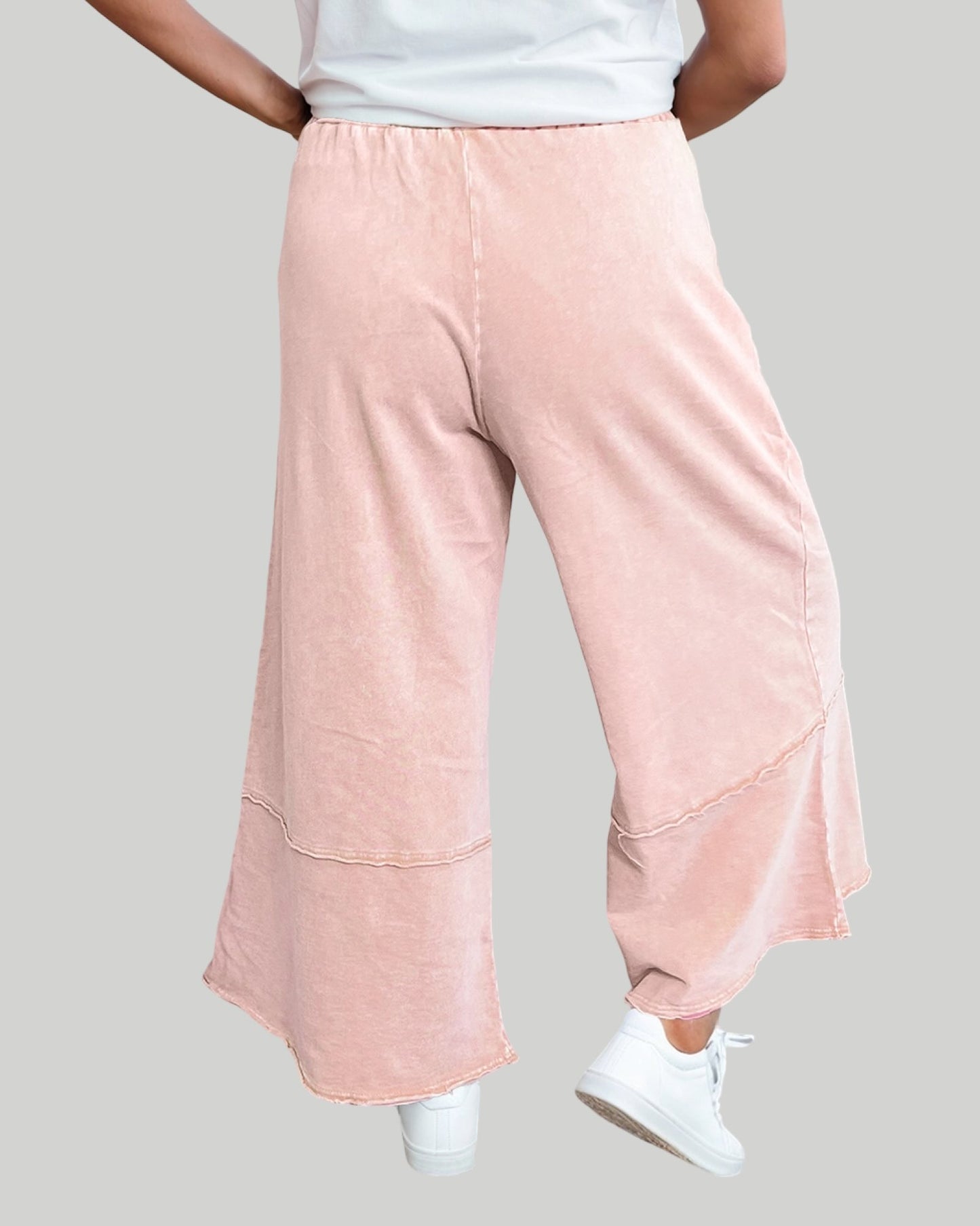 Pink Floral Patch Mineral Wash Terry Knit Cropped Wide Leg Pants