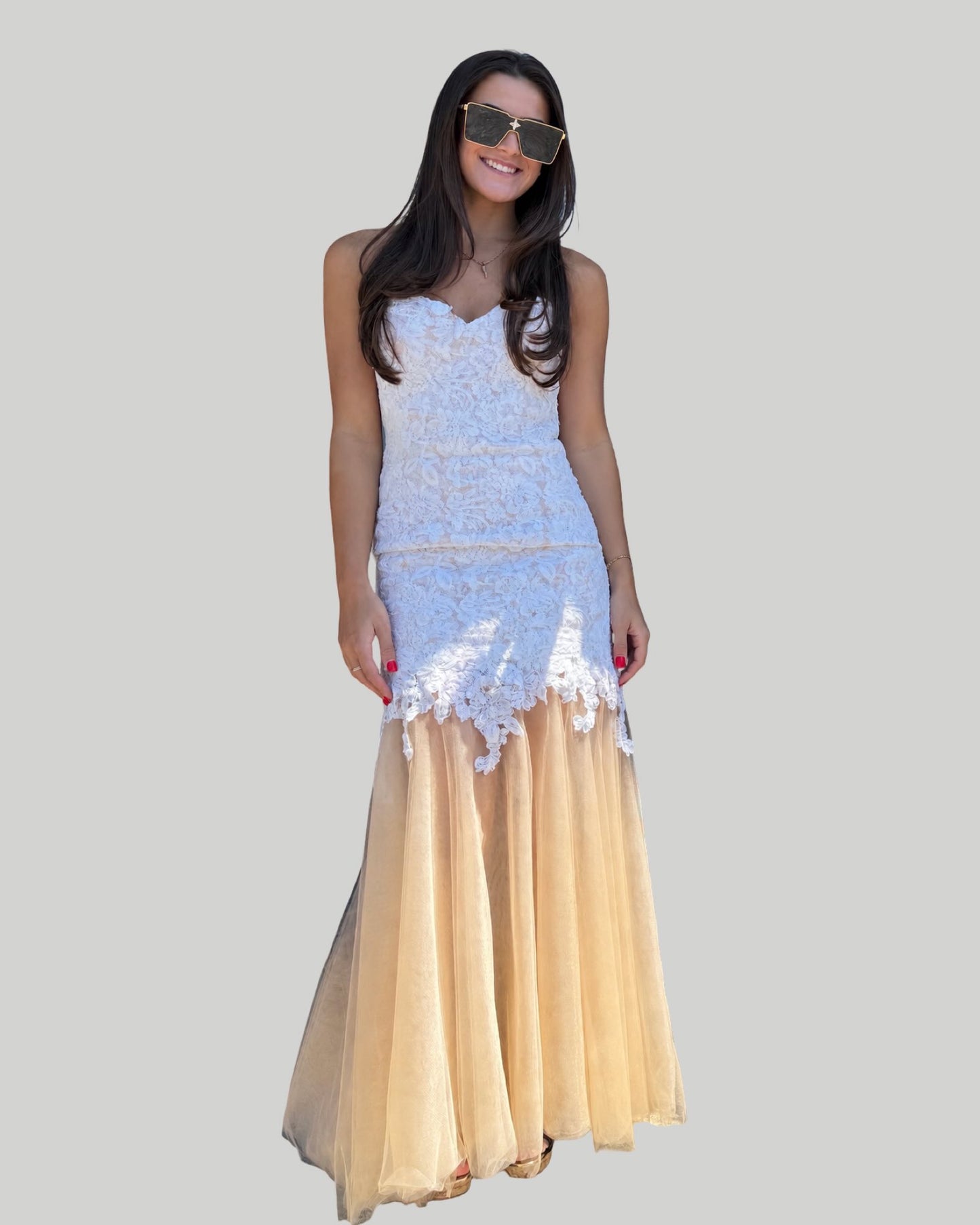 LAFEMME Ivory Lace Bodice Champagne /Tulle Bottom Gown