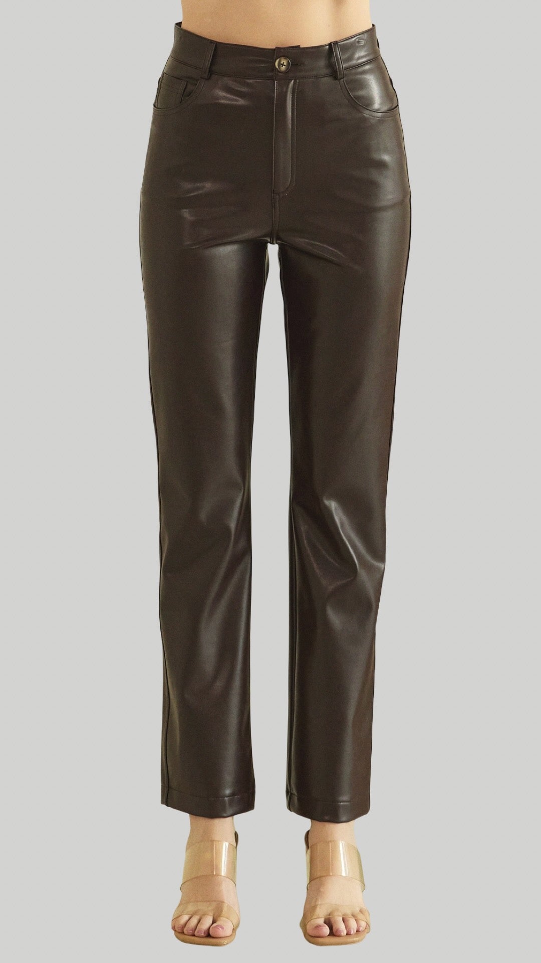 So Edgy Faux Leather Straight-Leg High-Rise Pants in Burgundy Black Chocolate