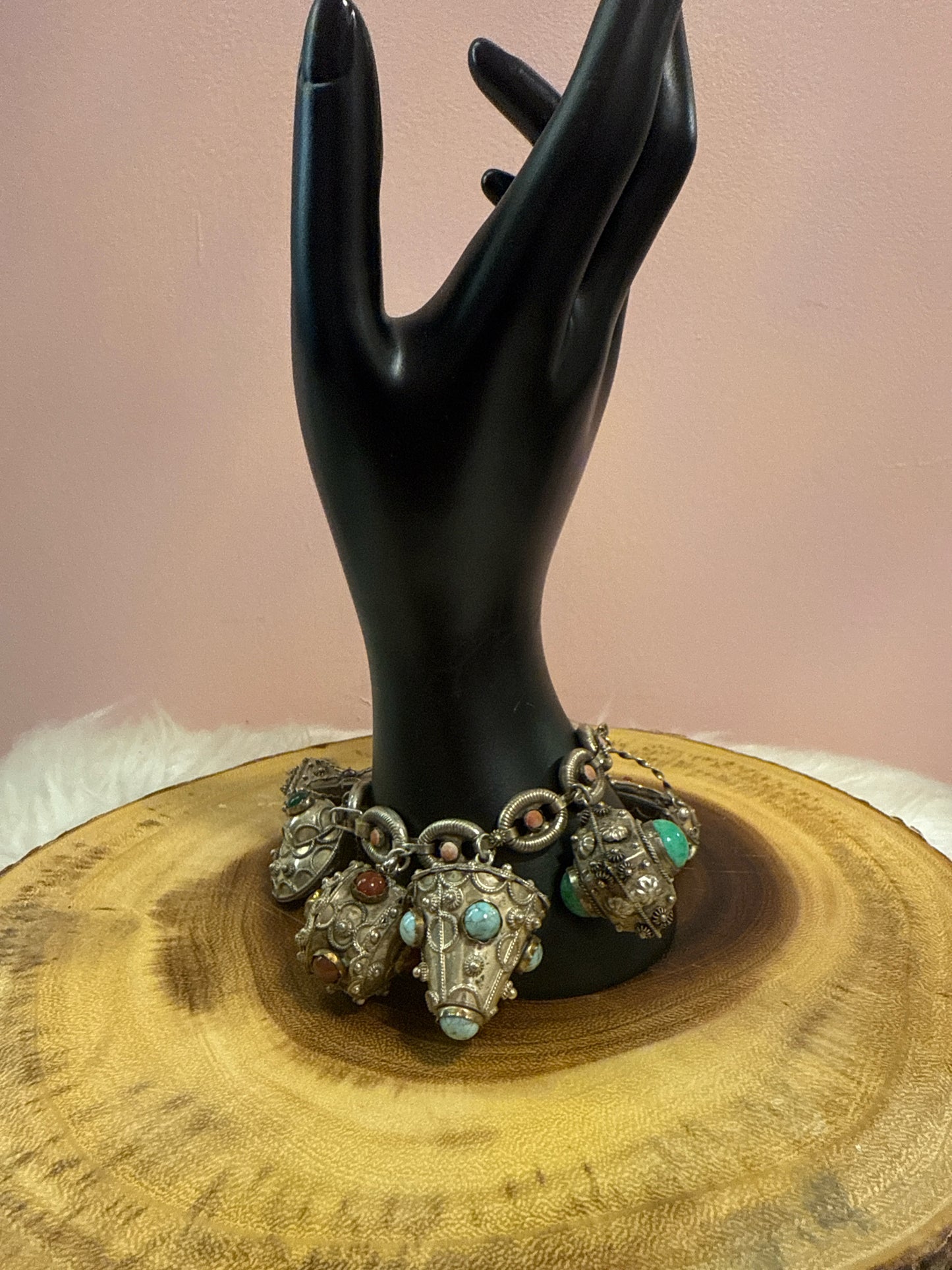 Vintage Etruscan Revival Charm Bracelet 800 Silver Natural Stones