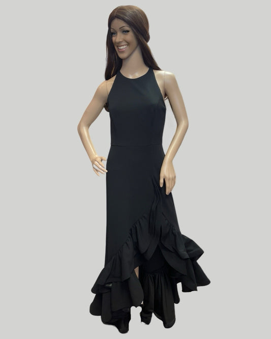 BETSY ADAMS BLACK SLEEVELESS RUFFLE HEM GOWN HIGH LOW 4
