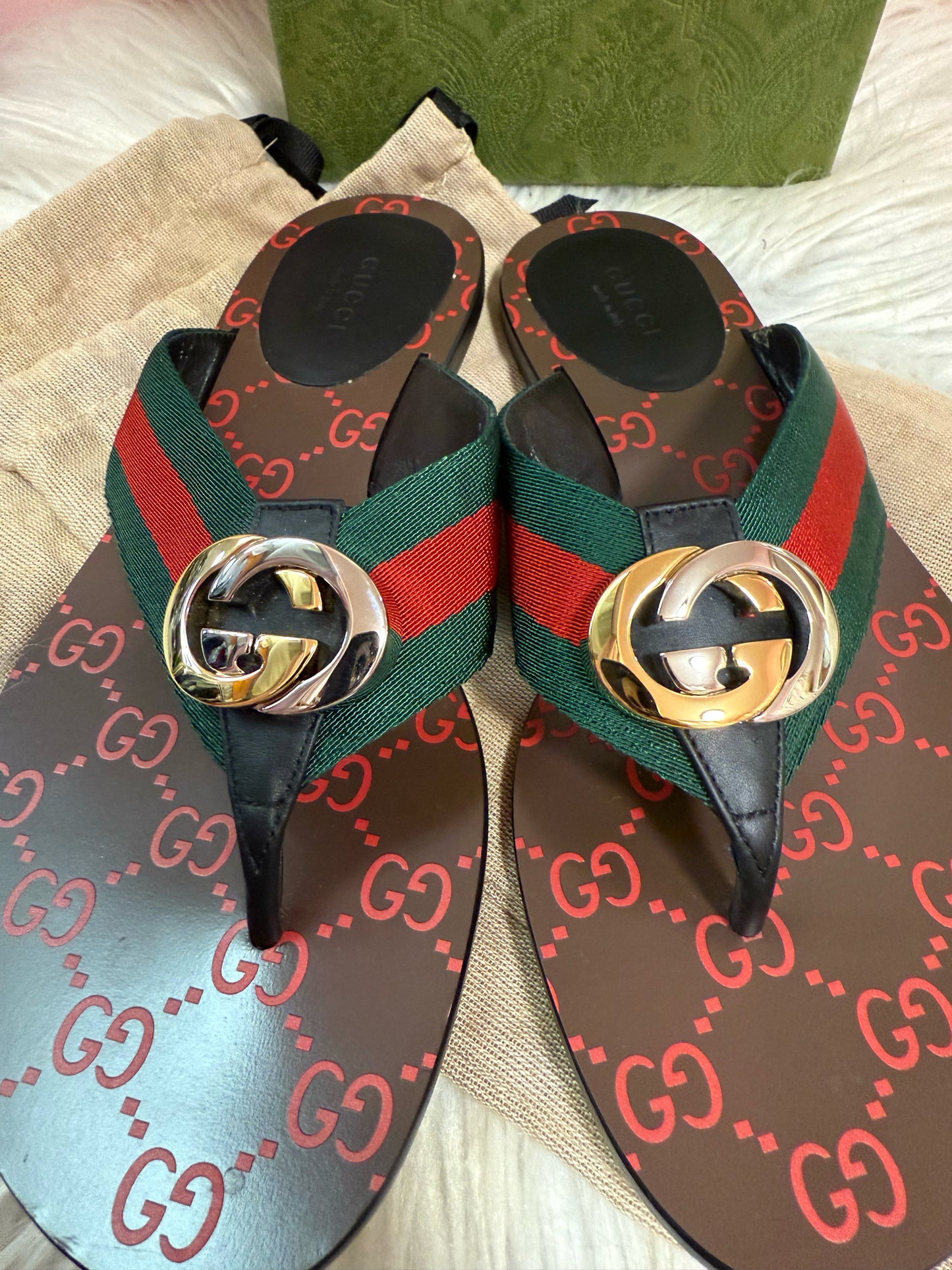 Gucci Kika Web Thong Sandal with Red GG Insole