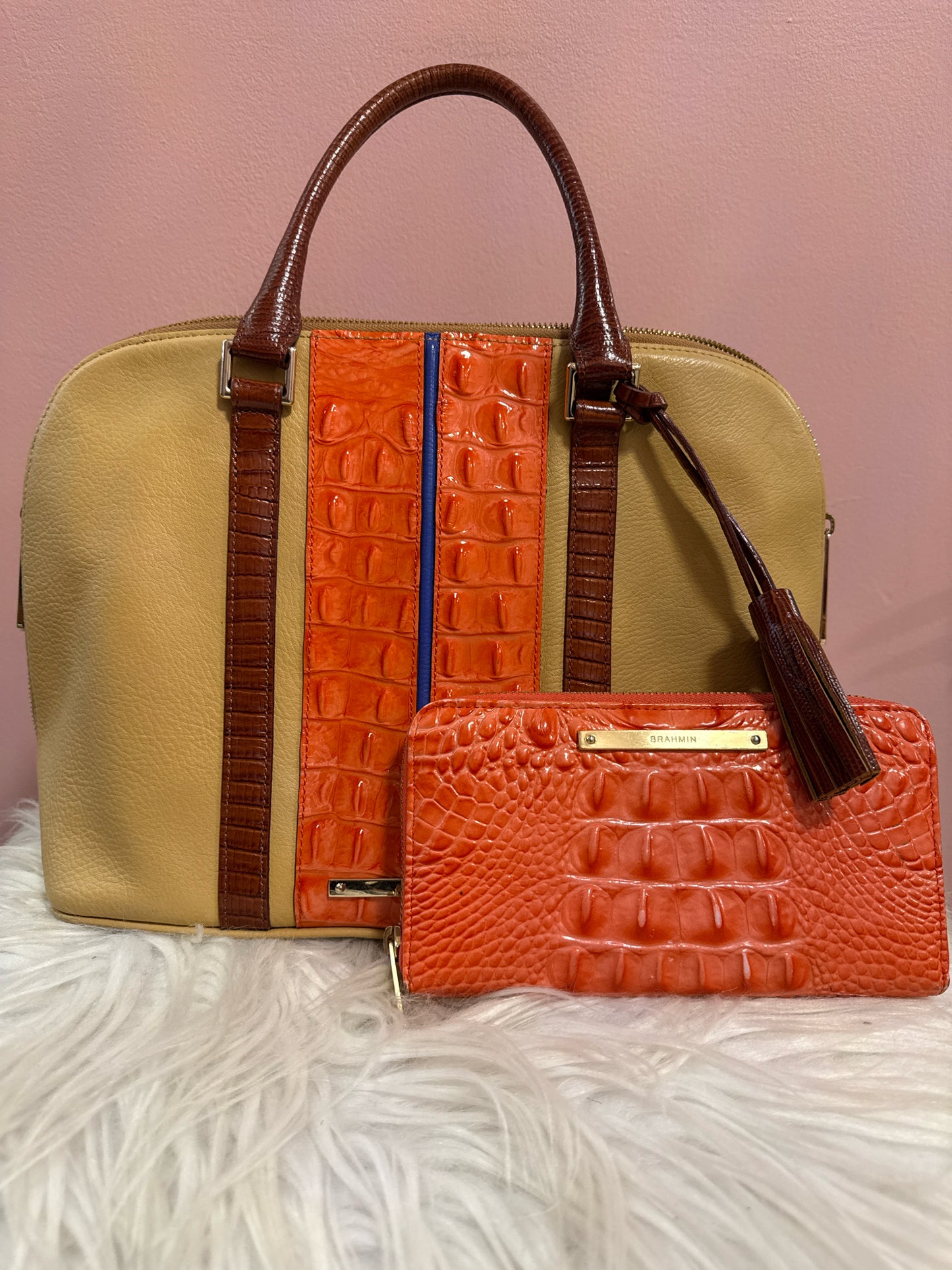 Brahmin Duxbury tan with orange leather satchel