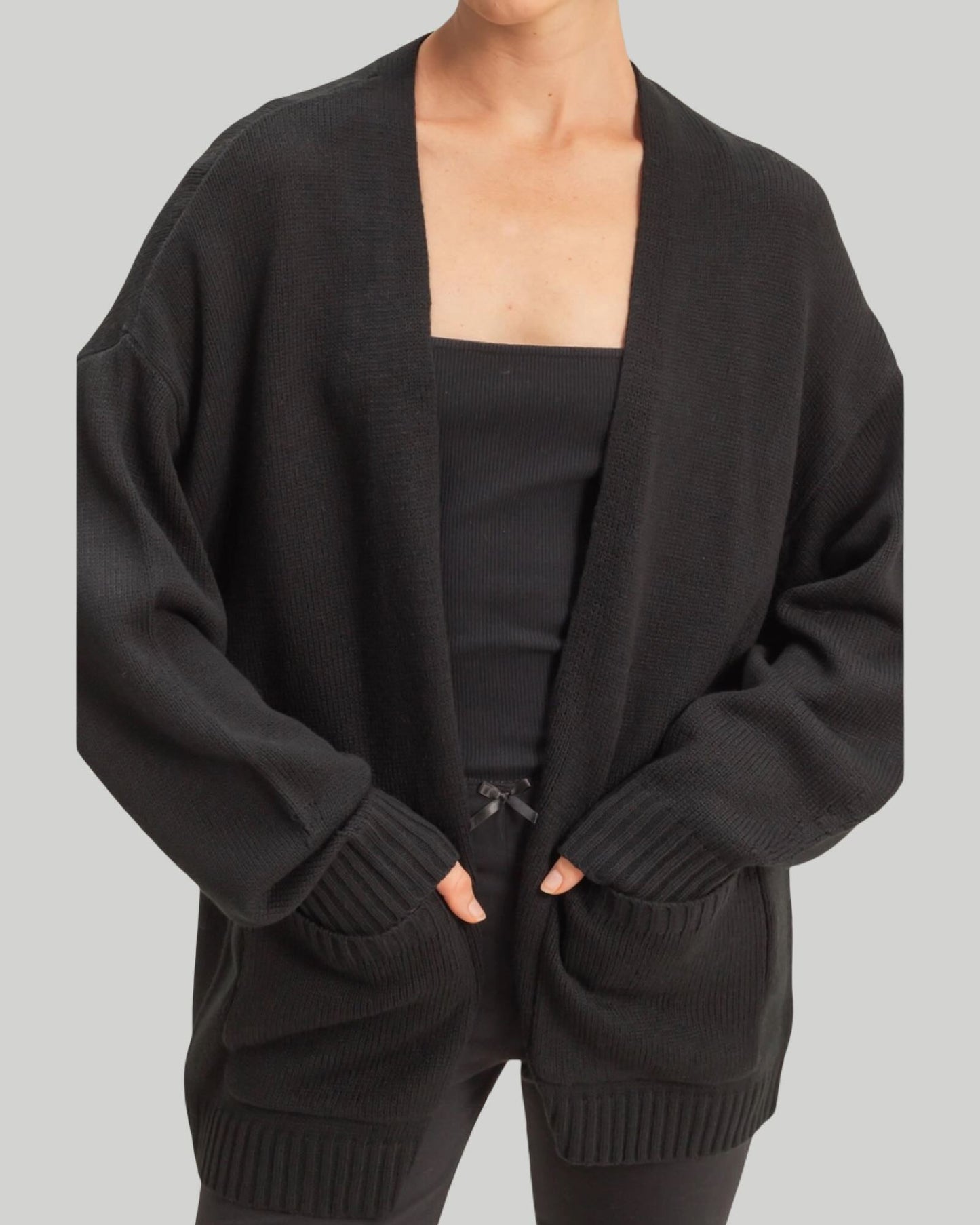 Oversized open front cardigan with pockets available in taupe and black