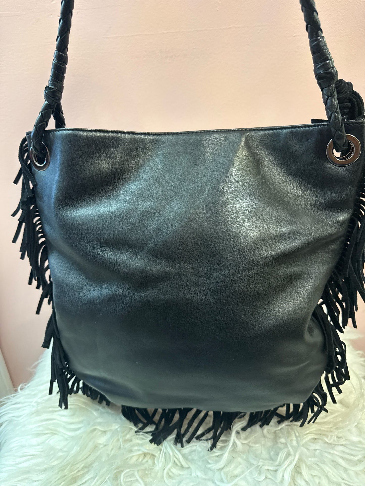 Jimmy Coo Black Bead/Button Fringe Detail Shoudler / Crossbody