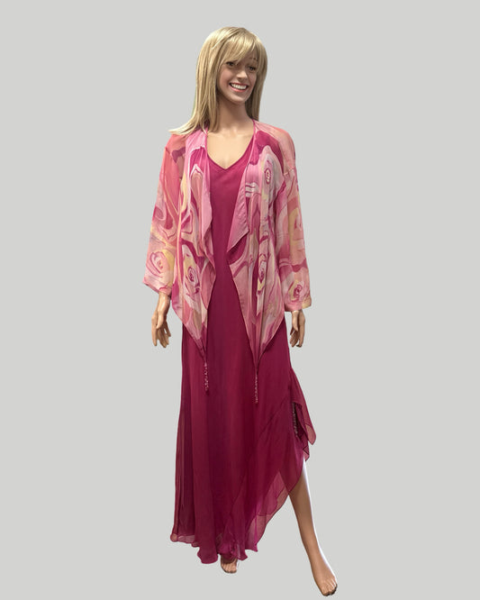ANIA ZOFIA BERRY PINK SILK GOWN WITH COORDINATING SHAWL/WRAP
