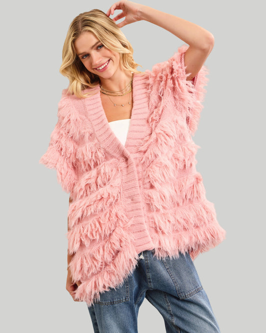 Soft Pink Shaggy Cap Short Sleeve Sweater Jacket