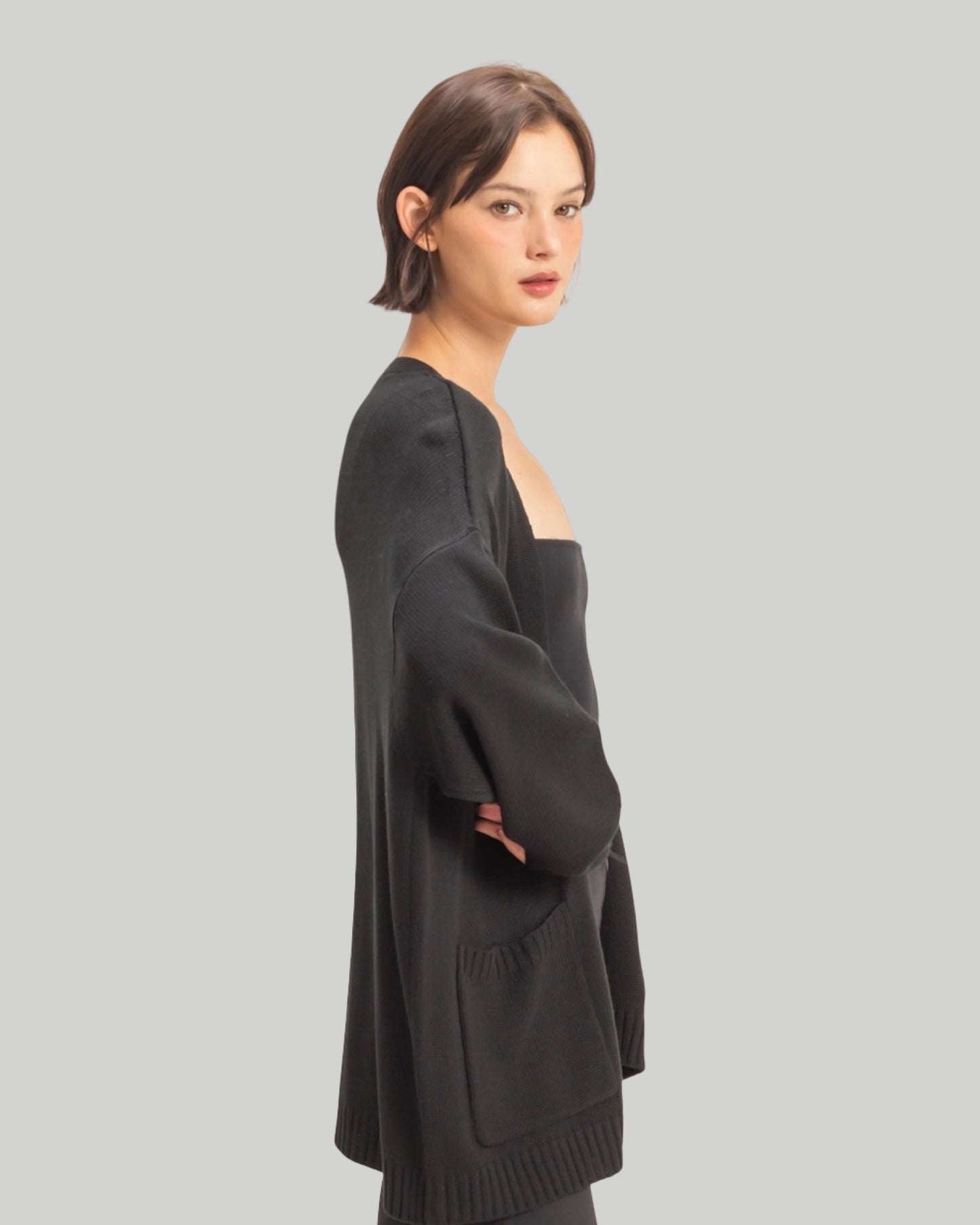 Oversized open front cardigan with pockets available in taupe and black