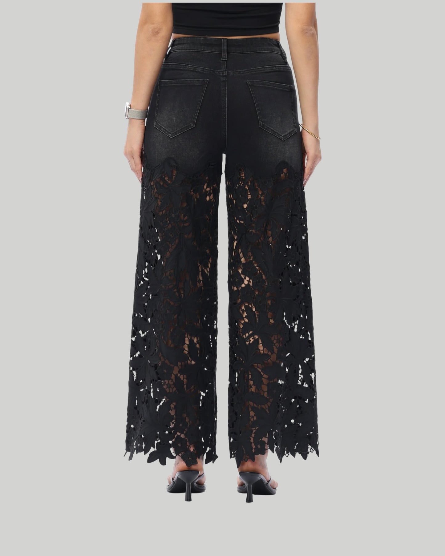 New York 30" Floral Black High Rise Wide Leg Jeans