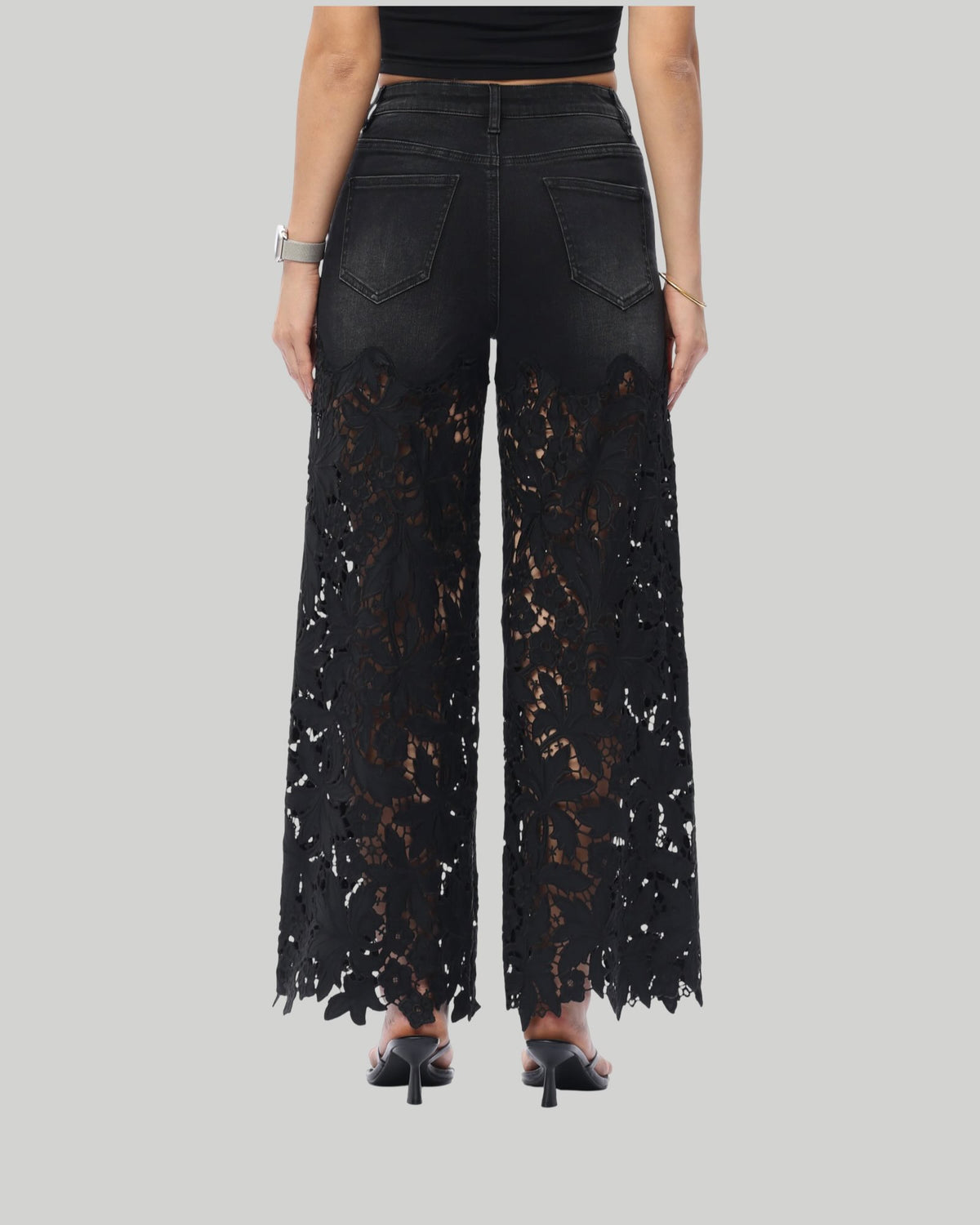 New York 30" Floral Black High Rise Wide Leg Jeans