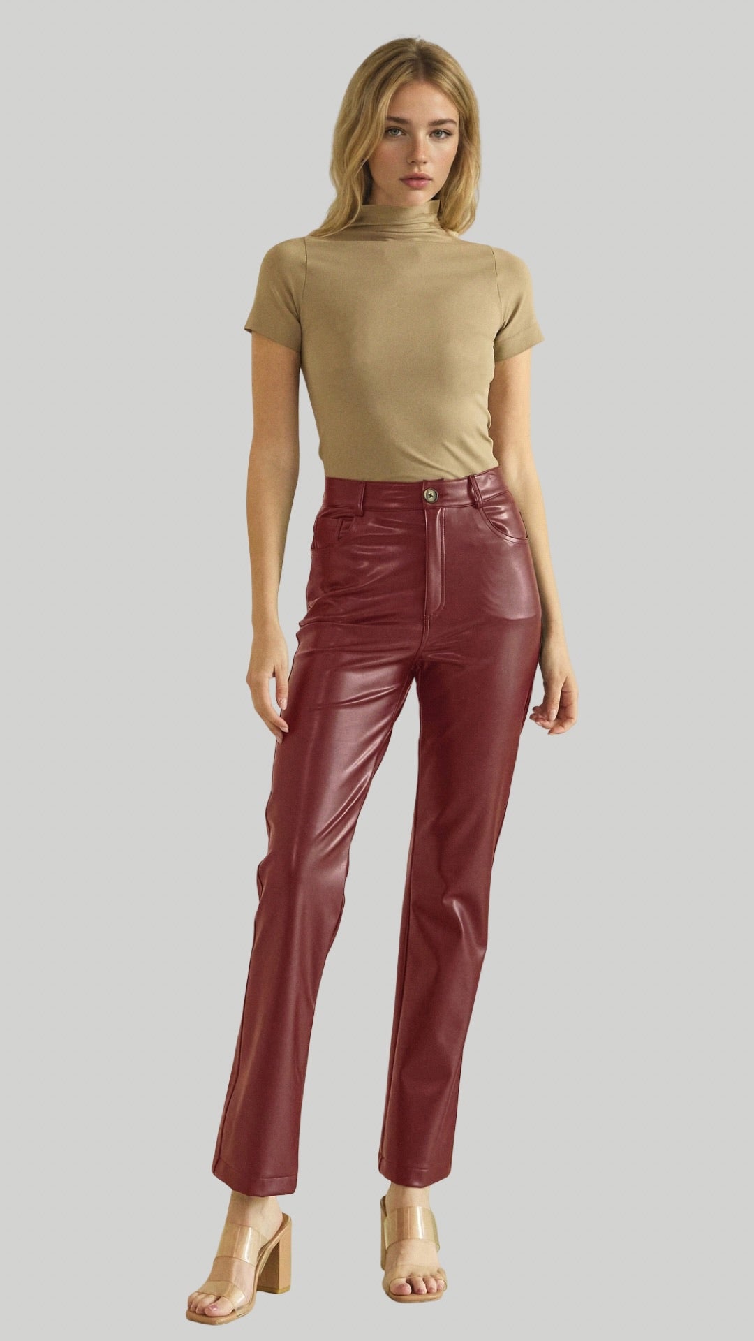 So Edgy Faux Leather Straight-Leg High-Rise Pants in Burgundy Black Chocolate