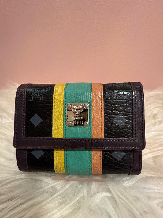 MCM BLACK AND MULTI LEATHER COMPACT WALLET
