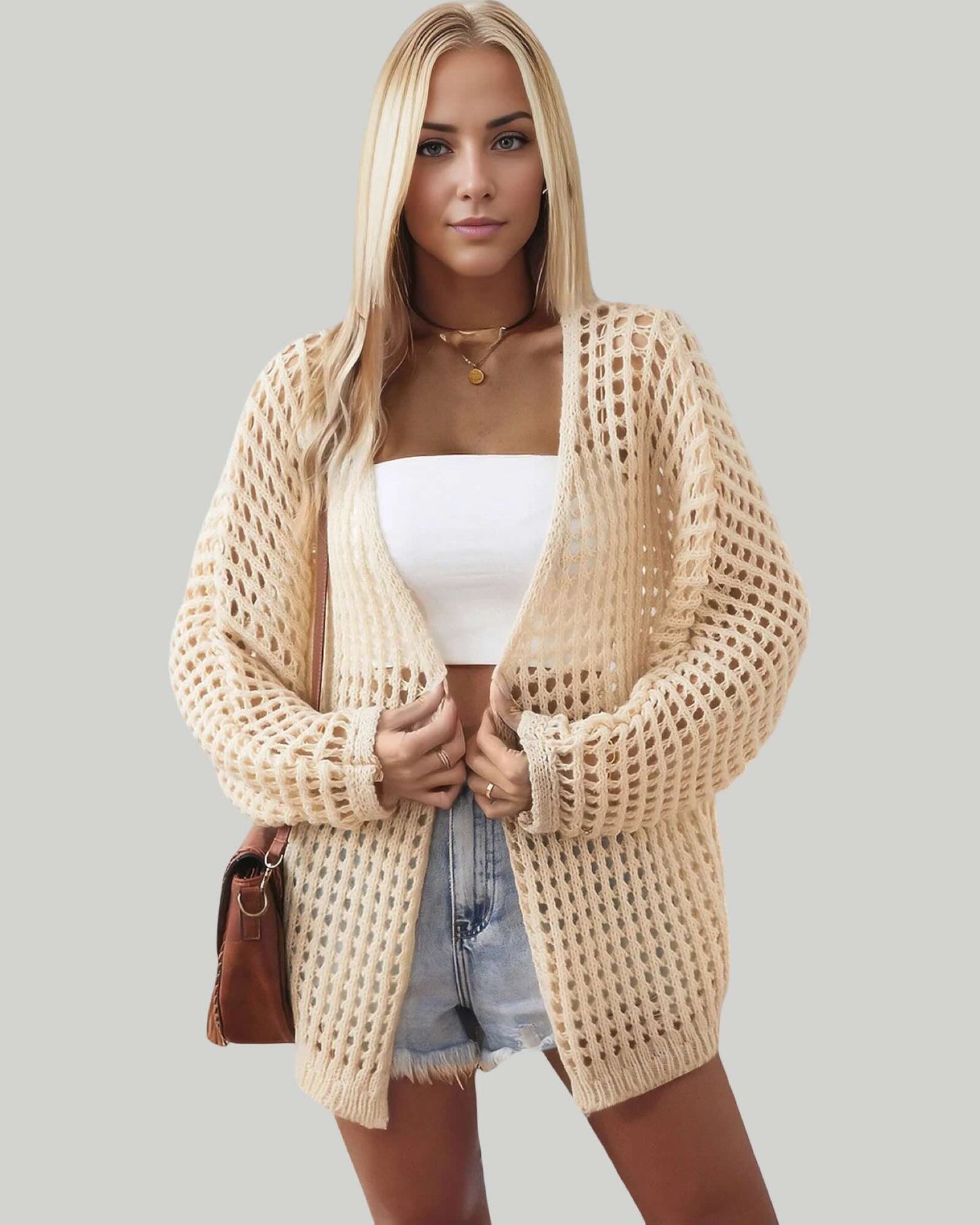 Women's Open Knit Cardigan with Long Sleeves and Relaxed Fit