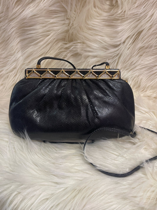 JUDITH LEIBER BLACK LIZARD LEATHER STRAP SHOULDER/CLUTCH RHINESTONES
