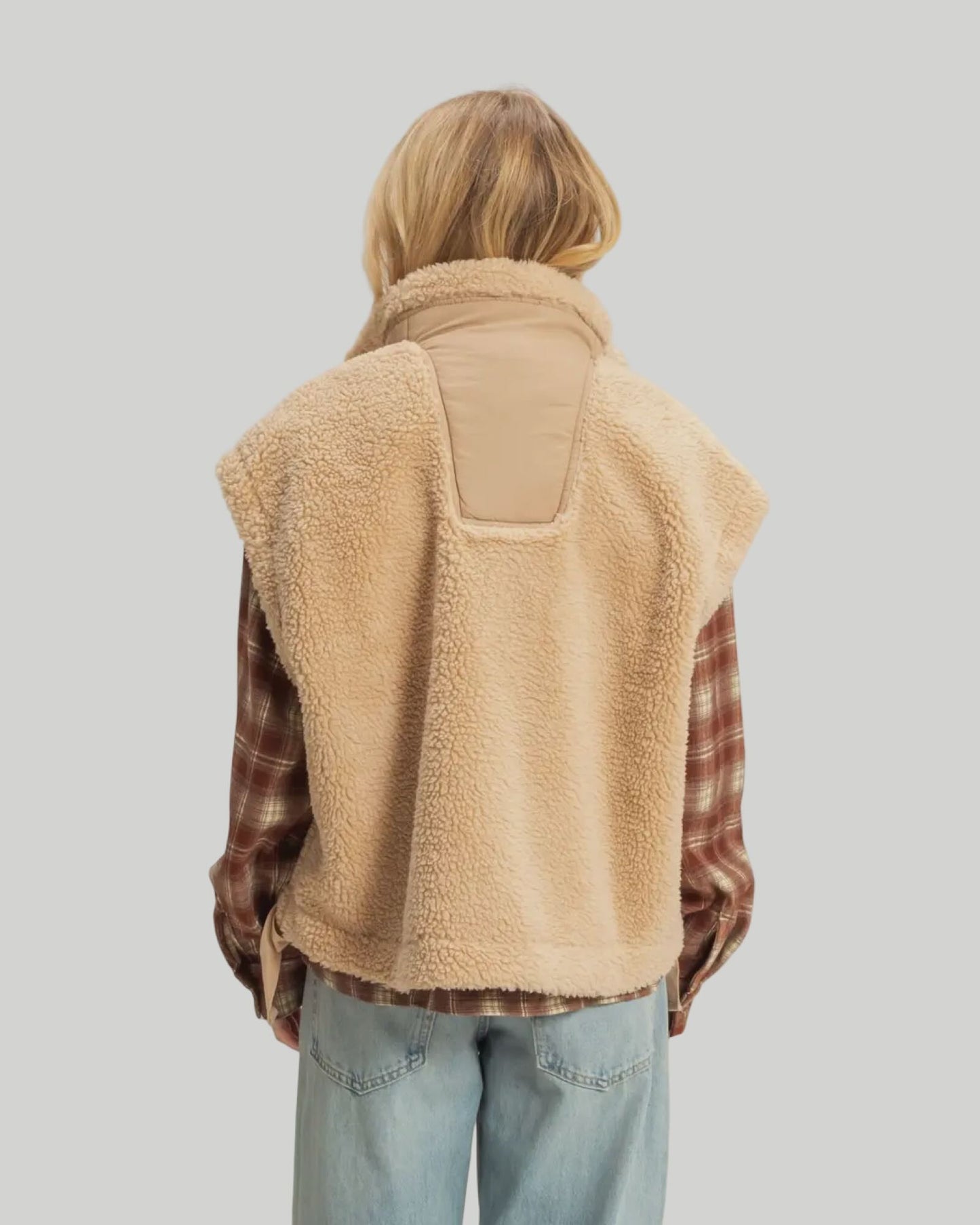Cozy Sherpa Vest with tie-up side details  Available in Tan and Black
