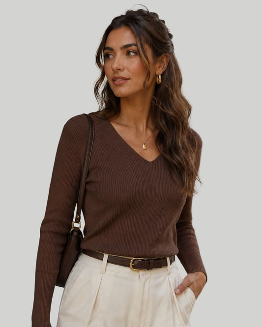 Slim Fit Ribbed Sweater in Brown