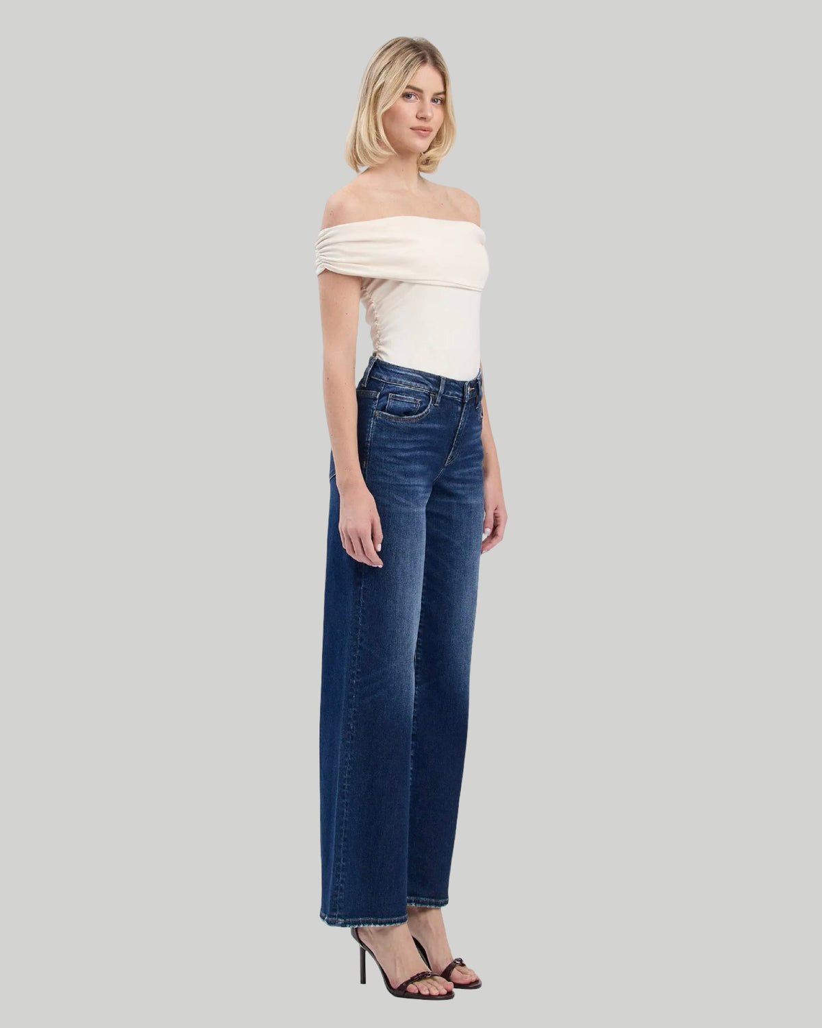 High Rise Dark Wash Full Length Wide Jeans Flying Bird